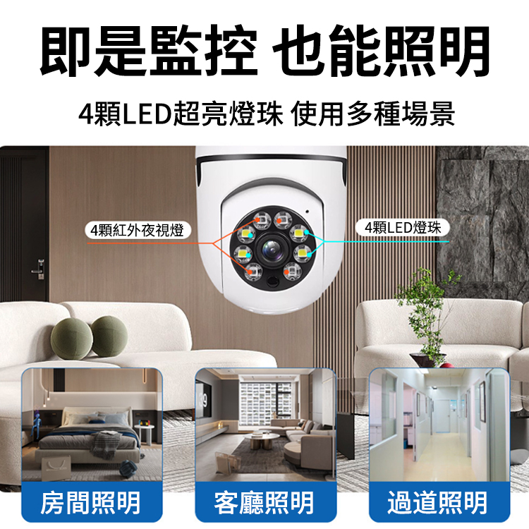 【能用十年】360度全彩夜視燈泡攝像頭，移動偵測，紅外夜視，10秒安裝 手機遠程，看家看店不用愁，雙向語音對講，日夜全彩監控，免佈線10秒安裝，出門在外放心安心